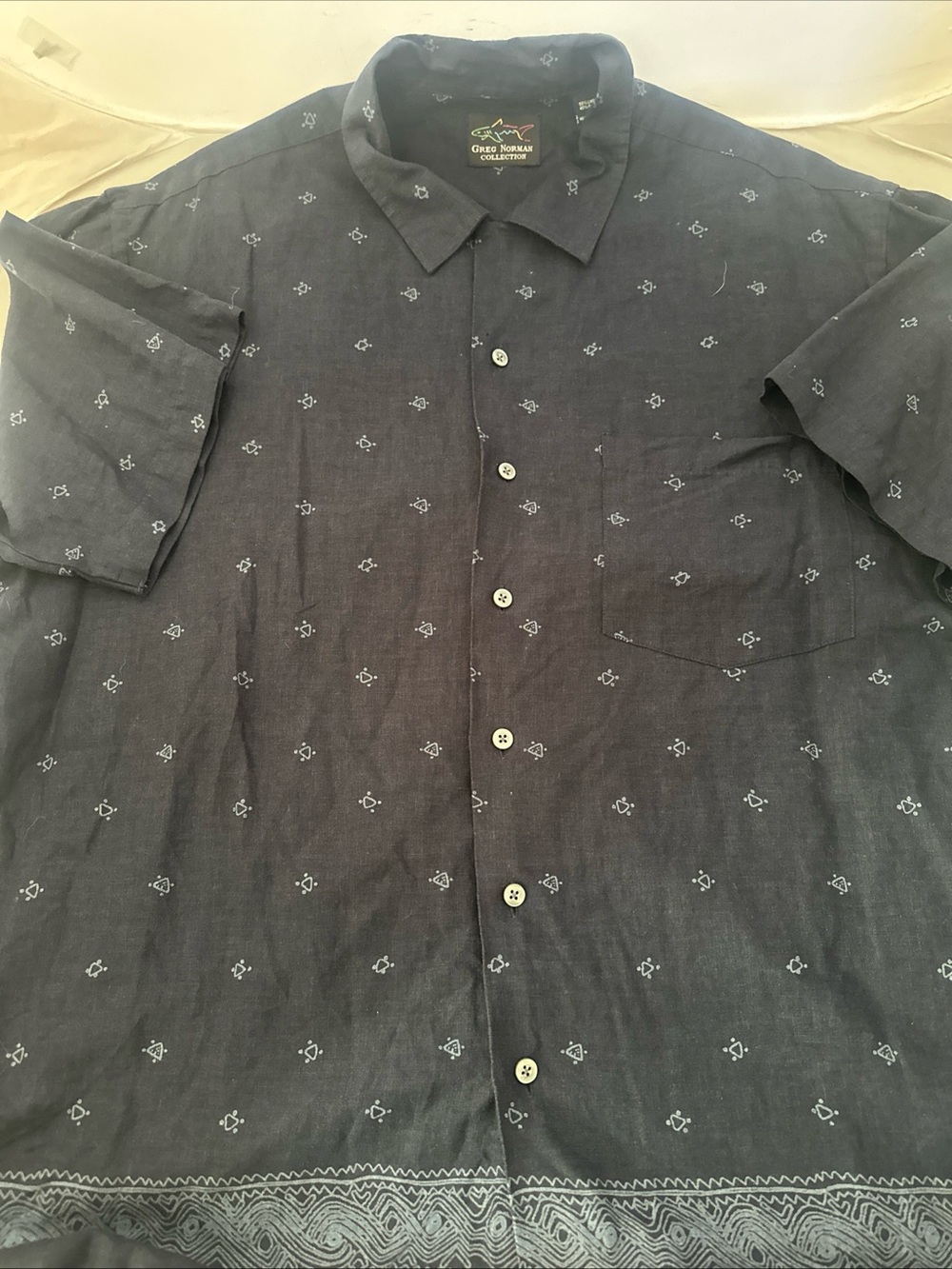 Greg Norman Collection Short-Sleeve Navy Button-Up Shirt with Subtle Print